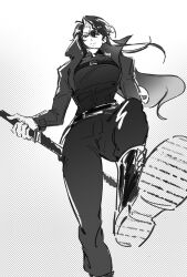 1girl chest_belt chinese_commentary commentary_request floating_hair from_below greyscale highres holding holding_sword holding_weapon jacket long_hair monochrome omniscient_reader&#039;s_viewpoint pants shirt shoes solo sword very_long_hair weapon yoo_joonghyuk youyi494050