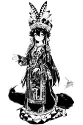 1girl :d barefoot black_hair costume_request ejami ekko_(ejami) female_focus fox_girl fox_tail full_body greyscale hat hat_feather highres long_hair long_sleeves monochrome open_mouth original smile snake solo tail taiwan traditional_clothes