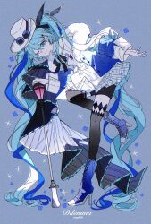 Rule 34 | 1girl, ;), artist name, black shorts, black thighhighs, blue-framed eyewear, blue background, blue boots, blue eyes, blue hair, boots, cane, closed mouth, commentary, eyewear on headwear, full body, glasses, hair between eyes, hat, hatsune miku, high heel boots, high heels, highres, holding, holding cane, jacket, lace-up boots, long hair, long sleeves, looking at viewer, one eye closed, plaid clothes, plaid skirt, pleated skirt, shorts, simple background, skirt, smile, solo, standing, standing on one leg, sunfish3939, thighhighs, twintails, very long hair, vocaloid, white hat, white jacket, white skirt