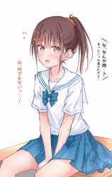 1girl blue_skirt blush bow brown_eyes brown_hair collarbone desk embarrassed hair_between_eyes hair_ornament hairclip highres kutatsu_(kutatsu7) long_hair looking_at_viewer on_desk open_mouth original pleated_skirt ponytail sailor_collar school_desk school_uniform shirt short_sleeves simple_background sitting skirt solo sweat sweatdrop white_sailor_collar white_shirt