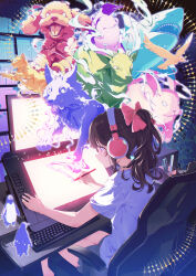 1girl 40hara absurdres animal animal_request bird black_hair black_shorts bow cat chair commentary_request dog drawing_tablet hair_bow headphones highres holding holding_stylus indoors monitor office_chair on_chair original penguin ponytail rabbit red_bow shark shirt short_shorts short_sleeves shorts sitting solo stylus swivel_chair white_shirt wolf