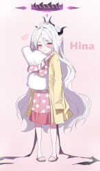Rule 34 | 1girl, absurdres, ahoge, black halo, blue archive, blush, character name, demon girl, demon horns, demon wings, full body, halo, heart, highres, hina (blue archive), hina (pajamas) (blue archive), horns, hugging object, jacket, long hair, looking at another, mamo (user jjca7524), pajamas, pillow, pillow hug, pink pajamas, polka dot, polka dot pajamas, purple eyes, standing, white hair, wings, yellow jacket