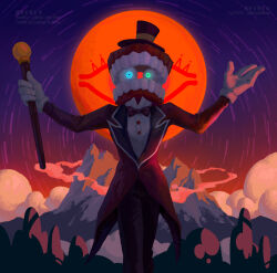 absurdres black_hat black_pants bow bowtie caine_(the_amazing_digital_circus) dentures detached_eyes formal_clothes gilding-the-time gloves hat heterochromia highres long_sleeves male_focus mountain outdoors pants standing suit teeth the_amazing_digital_circus watermark web_address white_gloves