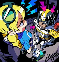 1boy 1girl armor arrow_(symbol) artist_name belt blonde_hair braid breastplate clenched_hands comedic_sweatdrop crop_top dark_background denim full_armor gauntlets gloves goggles goggles_on_head green_shoes helmet highres jeans jet_(lethal_league) lethal_league_blaze lightning_bolt_symbol lips moffumofu0000 nitro_(lethal_league) pants radio_antenna roller_skates seiza shadow shark shoes shoulder_armor sitting skates sweat twin_braids white_pants