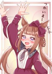 1girl animal_ears arm_up blush blush_stickers breasts brown_background casual hair_between_eyes hair_ornament highres horse_ears horse_girl looking_at_viewer mokichi3356 necktie open_mouth purple_eyes simple_background small_breasts solo sweep_tosho_(umamusume) twintails umamusume waving