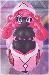 Rule 34 | 1girl, blue eyes, blush, border, breast hold, breasts, collarbone, dimwitdog, female focus, full body, gen 7 pokemon, half-closed eye, hands up, hat, highres, large breasts, legendary pokemon, looking at viewer, multicolored eyes, nintendo, nipples, no humans, no mouth, pink eyes, pink hair, pink hat, pokemon, pokemon (creature), pokemon sm, pussy, signature, solo, tapu lele, text focus, uneven eyes