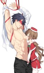 1boy 1girl abs arms_up assertive_female black_hair blindfold blush bound bound_wrists brown_hair closed_eyes couple eiyuu_densetsu hakuleg hand_in_pants hat hetero highres long_hair pantyhose rean_schwarzer ribbon ribbon_bondage santa_costume sen_no_kiseki_(series) sen_no_kiseki_i simple_background sucking_male_nipple toned toned_male towa_herschel white_background white_pantyhose