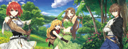 Rule 34 | 00s, 1boy, 3girls, :d, ;d, aria (seiken no blacksmith), armor, armpits, arms up, blonde hair, blue eyes, blush, blush stickers, breastplate, brown eyes, brown hair, cecily cambell, cloud, crossed arms, day, detached sleeves, field, fingerless gloves, flower, flower field, forest, gloves, hat, highres, lake, lisa (seiken no blacksmith), long hair, low-tied long hair, luke ainsworth, luna (reclaimed land), meadow, midriff, mini hat, multiple girls, nature, navel, one eye closed, open mouth, pointy ears, red eyes, red hair, seiken no blacksmith, short hair, shorts, sky, smile, sword, tree, very long hair, weapon, wink