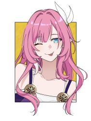 Rule 34 | 1girl, ;), ;p, alternate hair length, alternate hairstyle, bare shoulders, blue eyes, bra strap, collarbone, cyrene (honkai: star rail), hair intakes, hair ribbon, highres, honkai: star rail, honkai (series), long hair, looking at viewer, one eye closed, pink hair, ribbon, smile, solo, tapiocaballtea, tongue, tongue out, upper body, white background, white ribbon