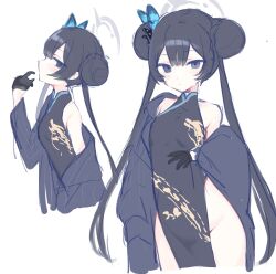 ao_(mintz) bare_shoulders black_dress black_gloves black_hair blue_archive blush braid braided_bun breasts butterfly_hair_ornament china_dress chinese_clothes double_bun dragon_print dress gloves grey_eyes grey_halo hair_bun hair_ornament halo highres jacket kisaki_(blue_archive) long_hair multiple_views pinstripe_jacket pinstripe_pattern print_dress striped_clothes striped_jacket twintails unfinished vertical-striped_clothes vertical-striped_jacket very_long_hair white_background