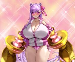 1girl absurdres bare_shoulders bikini blush breasts claw_(weapon) cleavage clothing_cutout fate/grand_order fate_(series) hair_ribbon highres huge_breasts jacket long_hair long_sleeves looking_at_viewer passionlip_(celeb_summer_experience_swimsuit)_(fate) passionlip_(fate) pink_bikini pink_eyes pink_jacket pink_ribbon purple_hair raskasar ribbon shoulder_cutout smile solo sparkle swimsuit thighs very_long_hair weapon