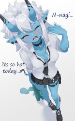 1girl absurdres bare_legs black_choker black_necktie black_shoes black_skirt blue_skin blush breasts choker cleavage closed_eyes collared_shirt colored_skin demon_horns demon_tail ear_piercing english_text fanning_self green_jacket hair_between_eyes highres horns jacket loli loose_necktie necktie oni open_mouth petite piercing pleated_skirt pointy_ears pouch shirt shoes short_hair sidelocks skindentation skirt sleeves_rolled_up small_breasts solo soukaku_(zenless_zone_zero) sweat tail thigh_pouch thigh_strap unworn_jacket white_background white_hair white_shirt zancrowkami zenless_zone_zero