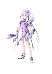 1girl absurdres ascot commentary_request dress full_body gloves grey_hair highres holding original purple_brooch purple_dress purple_eyes rissenka shoes simple_background solo standing tassel v-shaped_eyebrows white_ascot white_background white_gloves white_shoes