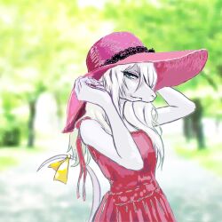 1girl alternate_costume aqua_eyes bare_arms bare_shoulders closed_mouth dress final_fantasy final_fantasy_ix fingernails freija_crescent furry furry_female hands_up hat light_smile long_hair mizumori_keiichi mouse_girl mouse_tail pink_hat red_dress ribbon sharp_fingernails solo straw_hat tail tail_ornament tail_raised tail_ribbon tree white_hair white_tail yellow_ribbon