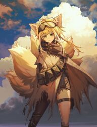 1girl absurdres animal_ears arknights blonde_hair cloud ev-oo fox_ears fox_girl fox_tail goggles goggles_on_head green_eyes highres kitsune kyuubi multiple_tails official_alternate_costume solo suzuran_(arknights) suzuran_(lostlands_flowering)_(arknights) tail