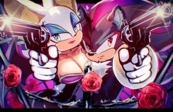 1boy 1girl black_border black_fur blue_eyes blue_eyeshadow border breasts brown_eyes cang_she cleavage eyeshadow finger_on_trigger flower furry furry_female furry_male glint gun handgun holding holding_gun holding_weapon large_breasts makeup multicolored_fur pink_lips red_flower red_fur red_rose revolver rose rouge_the_bat shadow_the_hedgehog shadow_the_hedgehog_(game) sonic_(series) upper_body weapon white_fur