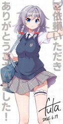 Rule 34 | 1girl, alternate costume, bag, blue eyes, blue necktie, blue sweater, bow, braid, breasts, closed mouth, collared shirt, commentary request, commission, dated, frilled thigh strap, futa (nabezoko), grey hair, grey skirt, hair bow, izayoi sakuya, izayoi sakuya (elegant scarlet devil student council member), long hair, looking at viewer, necktie, plaid clothes, plaid skirt, pleated skirt, red bow, school uniform, shirt, short sleeves, shoulder bag, signature, skeb commission, skirt, solo, sweater, thigh strap, touhou, touhou lostword, translation request, twin braids, watermark, watermark grid, white shirt