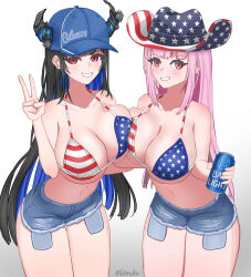 Rule 34 | 2girls, absurdres, alcohol, american flag, american flag print, baseball cap, beer, beer can, black hair, black horns, blue hair, blue hat, blue shorts, breast press, breasts, can, colored inner hair, cowboy hat, culver&#039;s, cutoffs, denim, denim shorts, drink can, exposed pocket, flag print, hat, highres, hololive, hololive english, horns, large breasts, long hair, mole, mole under eye, mori calliope, multicolored hair, multiple girls, navel, nerissa ravencroft, pink eyes, pink hair, shorts, symmetrical docking, v, virtual youtuber, white background, yahnuko