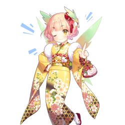 1girl blunt_bangs furisode japanese_clothes kanna_(uchihime) kimono one_eye_closed pink_hair print_kimono salt_(salty) sandals short_hair tabi uchi_no_hime-sama_ga_ichiban_kawaii wings yellow_eyes yellow_kimono zouri