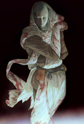 1boy alle_page belt belt_pouch black_background blood blood_on_clothes blood_on_mask covered_face cowboy_shot elden_ring gloves hands_up interlocked_fingers korean_commentary looking_to_the_side mask own_hands_clasped own_hands_together pouch robe solo standing veil white-faced_varre white_hood white_mask white_robe