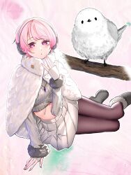1girl bird breasts dosanko_gal_wa_namaramenkoi hair_behind_ear highres ikada_kai jacket looking_at_viewer natsukawa_rena pink_eyes pink_hair short_hair sitting skirt solo