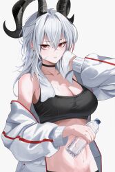1girl absurdres alternate_costume bare_shoulders black_choker black_horns black_sports_bra bottle breasts choker cleavage commentary earrings hair_between_eyes hair_intakes hands_up highres holding holding_bottle holding_towel horns jacket jewelry key_earrings kkubuk92 large_breasts long_hair long_sleeves looking_at_viewer multicolored_hair off_shoulder plastic_bottle puffy_long_sleeves puffy_sleeves red_eyes red_streaks single_earring solo sports_bra streaked_hair sweat towel towel_around_neck water_bottle white_hair white_jacket wiping_sweat wuthering_waves zani_(wuthering_waves)