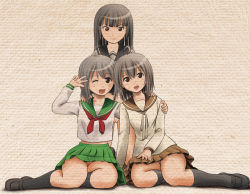 Rule 34 | 3girls, ahoge, black hair, blunt bangs, bottomless, chiru roshutsu, cleft of venus, exhibitionism, female focus, full body, hair between eyes, kneehighs, loafers, medium hair, midriff peek, multiple girls, neckerchief, no panties, one eye closed, original, pleated skirt, public indecency, pussy, red neckerchief, sailor collar, school uniform, serafuku, shoes, short hair, sitting, skirt, socks, takapi (chimee house), thighs, v, wariza