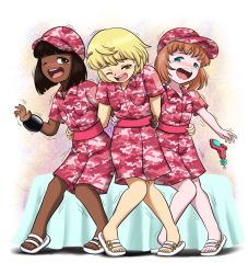 3girls blonde_hair blue_eyes brown_eyes brown_hair camouflage camouflage_dress cap dress energy_gun hair_ornament highres j8d laughing multiple_girls one_eye_closed original pigeon-toed ray_gun red_hair sandals shaking side_hug simple_background smile tickling tickling_sides weapon wrist_computer