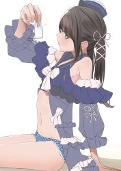 Rule 34 | 1girl, absurdres, bikini, black hair, blush, bottle, bow, breasts, closed mouth, collarbone, detached sleeves, hair bow, hair ribbon, hat, highres, holding, holding bottle, idolmaster, idolmaster shiny colors, kazano hiori, long hair, long sleeves, navel, original, ponytail, ribbon, sailor collar, see-through clothes, solo, stomach, swimsuit, umirororo