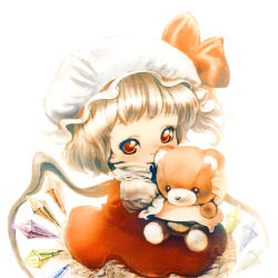 Rule 34 | 1girl, aged down, blonde hair, colored pencil (medium), eyelashes, female focus, flandre scarlet, graphite (medium), hat, hat ribbon, hugging doll, hugging object, looking at viewer, mob cap, red eyes, ribbon, side ponytail, simple background, skirt, skirt set, smile, solo, souri, stuffed animal, stuffed toy, teddy bear, touhou, traditional media, wings