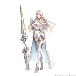 1girl absurdres armor blue_dress blue_eyes boots brown_hair commentary double_blade dress full_body gauntlets high_heel_boots high_heels highres hilda_(king&#039;s_raid) king&#039;s_raid long_hair milyu official_alternate_costume official_art pantyhose shoulder_armor simple_background solo thigh_boots two-sided_dress two-sided_fabric weapon white_background white_boots white_dress