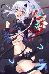 1girl bikini black_bikini blood blood_on_face blood_on_hands blood_splatter breasts cropped_jacket dragon_wings fate/grand_order fate_(series) fingernails forked_eyebrows green_nails grey_background hair_between_eyes hand_up high_ponytail highres long_hair long_sleeves looking_at_viewer mask melusine_(fate) melusine_(swimsuit_ruler)_(fate) melusine_(swimsuit_ruler)_(first_ascension)_(fate) mouth_mask open_mouth outstretched_hand ponytail raji_(largesaint2210) sharp_fingernails small_breasts smile solo stomach_tattoo swimsuit tail tattoo thighs very_long_fingernails white_hair wings yellow_eyes