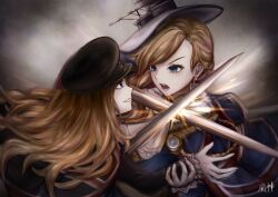 2girls ascot azur_lane battle black_hat blonde_hair blue_capelet blue_eyes capelet commentary_request commission dark_persona dual_persona duel earrings fighting frilled_ascot frills fuugami gloves grey_background grin hair_over_shoulder hat highres holding holding_another&#039;s_wrist holding_sword holding_weapon hood_(azur_lane) jewelry long_hair long_sleeves multiple_girls open_mouth peaked_cap petticoat pixiv_commission serious signature simple_background smile sparks sword sword_clash teeth tilted_headwear union_jack union_jack_print weapon white_gloves