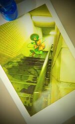 1girl absurdres black_hat buttons closed_eyes diamond_button eyeball frilled_sleeves frills green_hair green_skirt hat hat_ribbon highres koishi_day komeiji_koishi photo_(object) polaroid_photo ribbon segen_(segen311) shirt skirt smile stairs third_eye thumbtack touhou wide_sleeves yellow_ribbon yellow_shirt