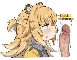 1boy 1girl animal_ears blonde_hair blowing_on_penis blush censored closed_eyes colored_inner_hair green_eyes grey_shirt hetero highres jacket ju_fufu ketsu_juuji_killer_(kejuki) loli mosaic_censoring multicolored_hair penis shirt simple_background tiger_ears tiger_girl white_background white_hair yellow_jacket zenless_zone_zero