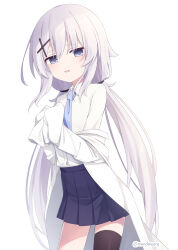 1girl black_thighhighs blue_necktie blue_skirt commentary cross_hair_ornament disgust hair_between_eyes hair_ornament hair_scrunchie high-waist_skirt highres long_hair long_sleeves looking_at_viewer necktie open_clothes open_mouth open_robe original own_hands_together rnond robe scrunchie shirt simple_background single_thighhigh skirt sleeves_past_fingers sleeves_past_wrists solo thighhighs twintails twitter_username very_long_hair white_background white_hair white_robe white_shirt