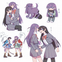 !? 2girls absurdly_long_hair aged_down aiguillette animalization arms_at_sides ascot baby belt belt_buckle black_hair black_pantyhose black_socks blue_eyes blue_jacket blue_skirt blunt_bangs blush blush_stickers boots bow bowtie breast_pocket brown_boots buckle caliculus_bright_(dagger) carrying carrying_baby carrying_person cat center-flap_bangs chibi chinese_commentary chinese_text clenched_hand clenched_hands closed_mouth collared_jacket collared_shirt commentary_request covered_mouth dagger dog doodle_inset dot_nose double-parted_bangs epaulettes floating_hair fur-trimmed_jacket fur_trim green_jacket green_shirt green_skirt grey_jacket grey_pants grey_skirt grid_background hair_between_eyes hand_on_another&#039;s_arm heads_together highres holding holding_another&#039;s_wrist holding_dagger holding_knife holding_mace holding_weapon invisible_chair jacket jacket_on_shoulders kagura_hikari knife leaning_forward long_hair long_sleeves love_judgement_(mace) mace miniskirt motion_lines multicolored_jacket multiple_girls multiple_views no_nose nose_blush open_clothes open_jacket open_mouth pacifier pants pantyhose partially_translated pleated_skirt pocket purple_eyes purple_hair red_bow red_bowtie red_jacket red_sash rei931218 rope sash school_uniform seishou_music_academy_uniform shaded_face shadow shirt shirt_tucked_in shoujo_kageki_revue_starlight shoulder_sash single_horizontal_stripe sitting skirt slippers socks sparkle_hair_ornament standing stuffed_animal stuffed_toy sweat sweatdrop tail tail_around_another&#039;s_leg tail_wrap tassel teddy_bear translation_request tsuyuzaki_mahiru two-sided_fabric two-sided_jacket two_side_up very_long_hair waist_cape weapon white_ascot white_background white_shirt white_slippers yellow_belt yellow_jacket yellow_trim yuri