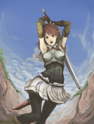 Rule 34 | 00s, 1girl, armor, armpits, attack, black thighhighs, breastplate, brown hair, cecily cambell, female focus, gloves, maid headdress, open mouth, ripu (vincecarter), seiken no blacksmith, skirt, solo, sword, thighhighs, weapon