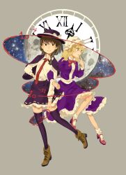 Rule 34 | 2girls, absurdres, analog clock, black capelet, black hat, black skirt, black thighhighs, blonde hair, boots, bow, brown background, brown boots, brown eyes, brown hair, capelet, clock, collar, commentary request, dress, finger to mouth, frilled dress, frills, full moon, hair bow, hand on own hip, hat, hat bow, heasil, high heels, highres, light frown, light smile, locked arms, long sleeves, looking to the side, magical astronomy, maribel hearn, medium hair, mob cap, moon, multiple girls, necktie, portal (object), profile, purple dress, red necktie, red shoes, roman numeral, shirt, shoes, single sidelock, skirt, sky, socks, star (sky), starry sky, thighhighs, touhou, usami renko, white bow, white collar, white hat, white shirt, white socks, zettai ryouiki