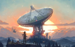 Rule 34 | 1girl, aircraft, backlighting, bird, remembrance of earth&#039;s past, from behind, hand up, helicopter, hill, long sleeves, medium hair, radio telescope, scenery, solo, standing, tree, white bird, wide shot, ye wenjie, zhizi proton