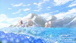 4girls ^_^ animal_ears arm_up baseball_cap blonde_hair blue_flower blue_sky cat_ears cat_girl cat_tail closed_eyes closed_mouth cloud commentary_request day english_text field flower flower_field hat jacket long_hair long_sleeves low_ponytail mountain multiple_girls nemophila_(flower) original outdoors ponytail puffy_long_sleeves puffy_sleeves signature sky sleeves_past_fingers sleeves_past_wrists tail very_long_hair watermark white_hair white_hat white_jacket yuuhagi_(amaretto-no-natsu)