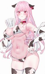 absurdres animal_ears animal_print bell bikini blush choker cow_ears cow_print cow_print_bikini cow_print_gloves cow_print_thighhighs cow_tail cowbell cup earrings glass gloves highres holding holding_cup hololive hololive_english holomyth jewelry kamiya_maneki long_hair mori_calliope neck_bell pink_eyes pink_hair print_bikini print_gloves print_thighhighs signature simple_background swimsuit tagme tail thighhighs virtual_youtuber