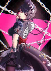 1girl absurdres black_hair breasts candy covered_erect_nipples cowboy_shot cross-laced_clothes cross-laced_dress dress ellen_joe fins fish_tail food frilled_dress frills from_behind hand_on_own_hip highres impossible_clothes impossible_dress kaiju_ryoku large_breasts lollipop looking_at_viewer looking_back maid nape pantyhose red_eyes red_hair shark_girl shark_tail sharp_teeth short_hair sideboob tail teeth tongue tongue_out zenless_zone_zero