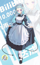 1girl absurdres apron aqua_hair black_dress black_horns black_shoes braid curtsey demon_tail dress forehead highres horns jiuyu_qame juliet_sleeves long_hair long_sleeves maid maid_headdress mary_janes original pantyhose puffy_sleeves purple_eyes shoes tail white_pantyhose