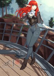 1girl armor black_armor blunt_bangs breastplate commentary eightyfourart english_commentary floating_hair highres hime_cut hulkenberg_(metaphor:_refantazio) lips long_hair long_sleeves looking_at_viewer metaphor:_refantazio outdoors parted_lips patreon_logo patreon_username pink_lips pointy_ears red_eyes solo