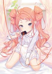 Rule 34 | 1girl, ahoge, barefoot, between legs, blush, building, closed mouth, covered navel, dot nose, hair ornament, hairclip, hand between legs, henreader, highres, house, kyou kara ore wa loli no himo!, leaf, long hair, looking at viewer, non-web source, orange hair, shadow, sidelocks, sitting, solo, string, string of fate, tanzawa chizuru, twintails, wariza