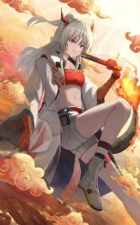 1girl absurdres akirahong_1130 arknights bead_bracelet beads boots bracelet breasts cleavage colored_extremities eastern_dragon_horns eastern_dragon_tail full_body hand_up highres holding horns jacket jewelry long_hair long_sleeves looking_at_viewer medium_breasts midriff multicolored_hair navel nian_(arknights) open_clothes open_jacket parted_lips ponytail purple_eyes red_hair red_hands red_horns red_tube_top short_shorts shorts sidelocks smile solo strapless streaked_hair teeth thighs tube_top white_boots white_hair white_shorts xiangyun