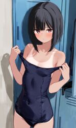 Rule 34 | 1girl, absurdres, bare shoulders, black hair, black one-piece swimsuit, blunt bangs, blush, bob cut, bob cut girl (memekko), breasts, brown eyes, closed mouth, clothes pull, collarbone, commentary request, covered navel, cowboy shot, dark-skinned female, dark skin, dot nose, eyebrows hidden by hair, hair intakes, highres, inverted bob, long eyelashes, looking at viewer, medium hair, memekko, navel, one-piece swimsuit, one-piece swimsuit pull, one-piece tan, original, parted hair, presenting tanlines, school swimsuit, small breasts, solo, standing, swimsuit, tan, tanline, tanlines, thick eyelashes, tsurime