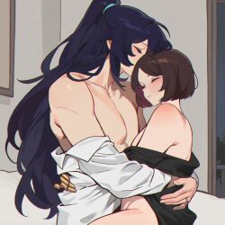 arm_around_waist black_shirt blush bob_cut brown_hair closed_eyes couple eyelashes hair_tie half_updo hetero highres hong_lu_(project_moon) indoors jewelry kiss kissing_forehead limbus_company long_hair moony_(past_desiderium) night oc_x_canon off-shoulder_shirt off_shoulder parted_bangs past_desiderium project_moon prosthesis prosthetic_arm ring sex shirt thighs toned toned_male wedding_ring white_shirt