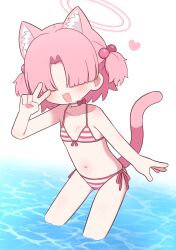 1girl :3 animal_ear_fluff animal_ears bikini blue_archive cat_ears cat_girl cat_tail chlorella_observation_club_member_(blue_archive) chlorella_observation_club_member_(swimsuit)_(blue_archive) choker collarbone extra_ears faceless faceless_female facing_viewer flat_chest front-tie_bikini_top front-tie_top hair_over_eyes halo heart highres naga_u official_alternate_costume open_mouth pink_bikini pink_hair pink_halo side-tie_bikini_bottom solo swimsuit tail two_side_up v wading white_choker